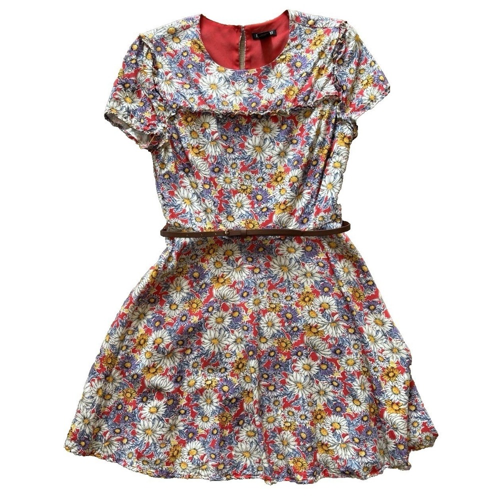 Forever 21‎ Womens Small Red Floral Daisy Ruffle Belted Mini Dress S